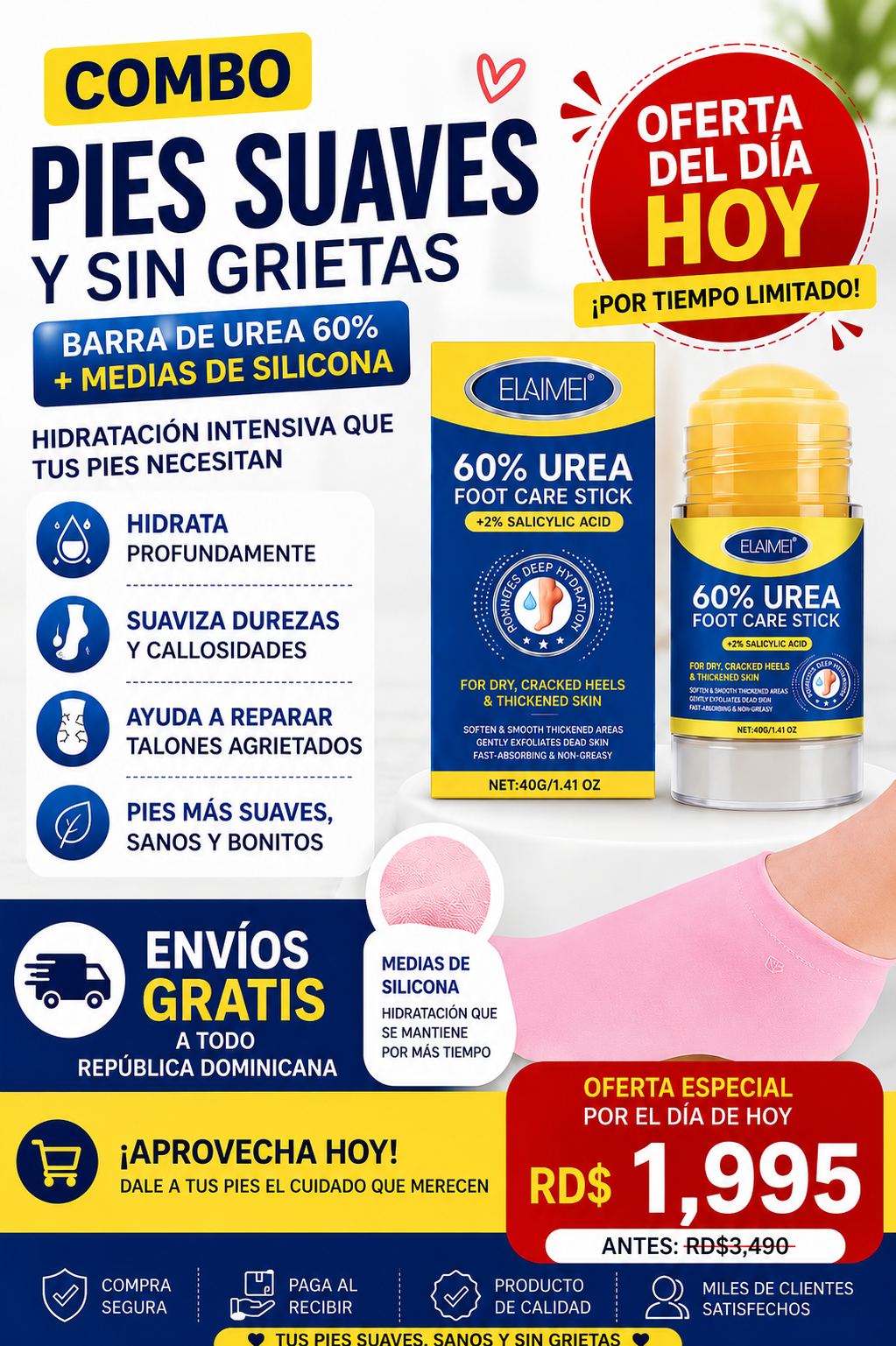 COMBO REPARADOR DE PIES MEDIAS DE SILICONA + BARRA DE UREA