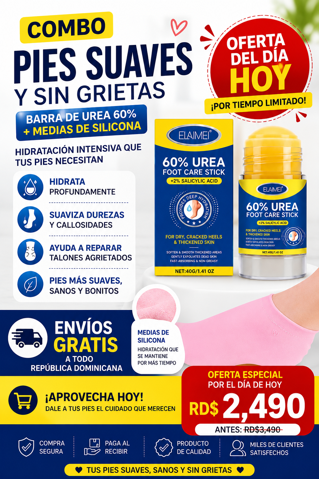 COMBO REPARADOR DE PIES MEDIAS DE SILICONA + BARRA DE UREA