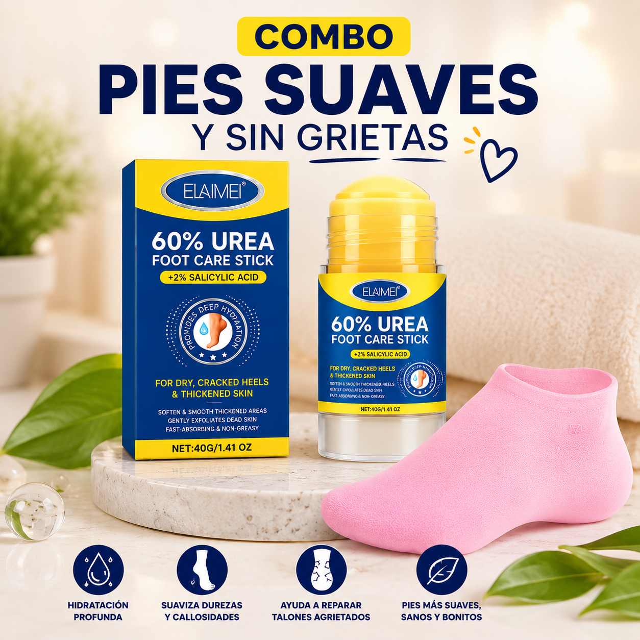 COMBO REPARADOR DE PIES MEDIAS DE SILICONA + BARRA DE UREA
