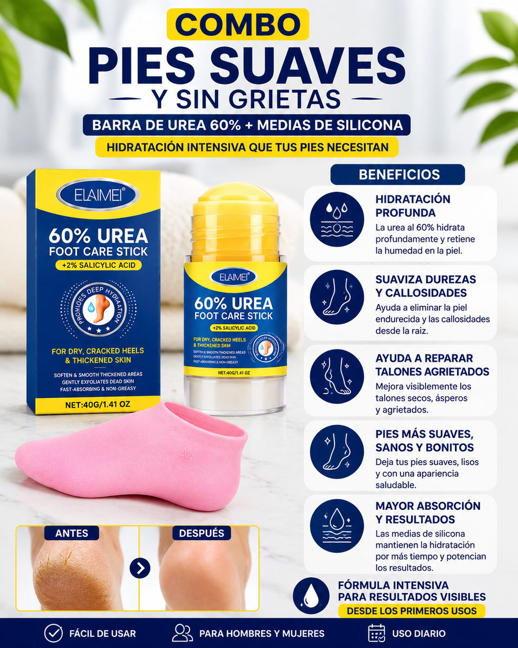 COMBO REPARADOR DE PIES MEDIAS DE SILICONA + BARRA DE UREA
