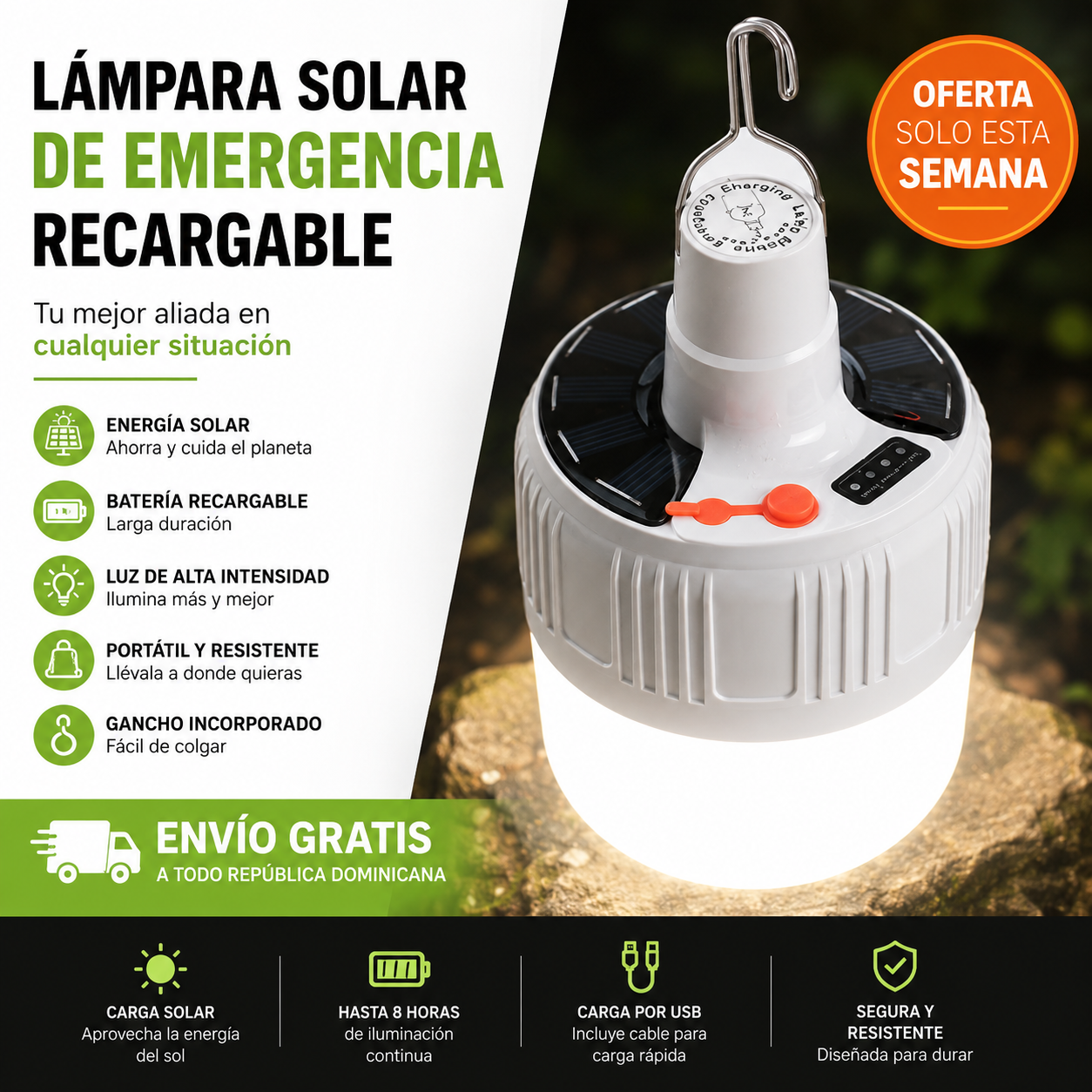 Bombillo con Panel Solar + CABLE USB