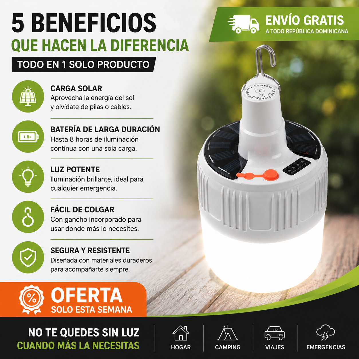 Bombillo con Panel Solar + CABLE USB