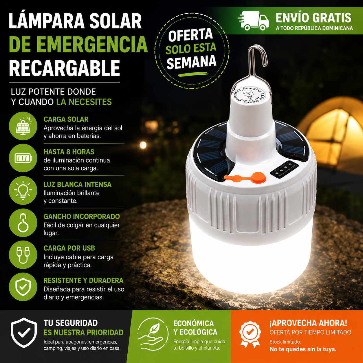 Bombillo con Panel Solar + CABLE USB